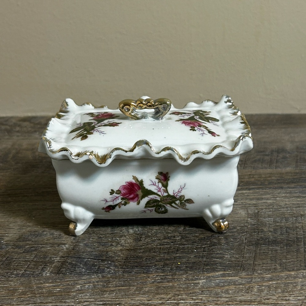 Floral Ceramic Trinket Box with Gold Accents